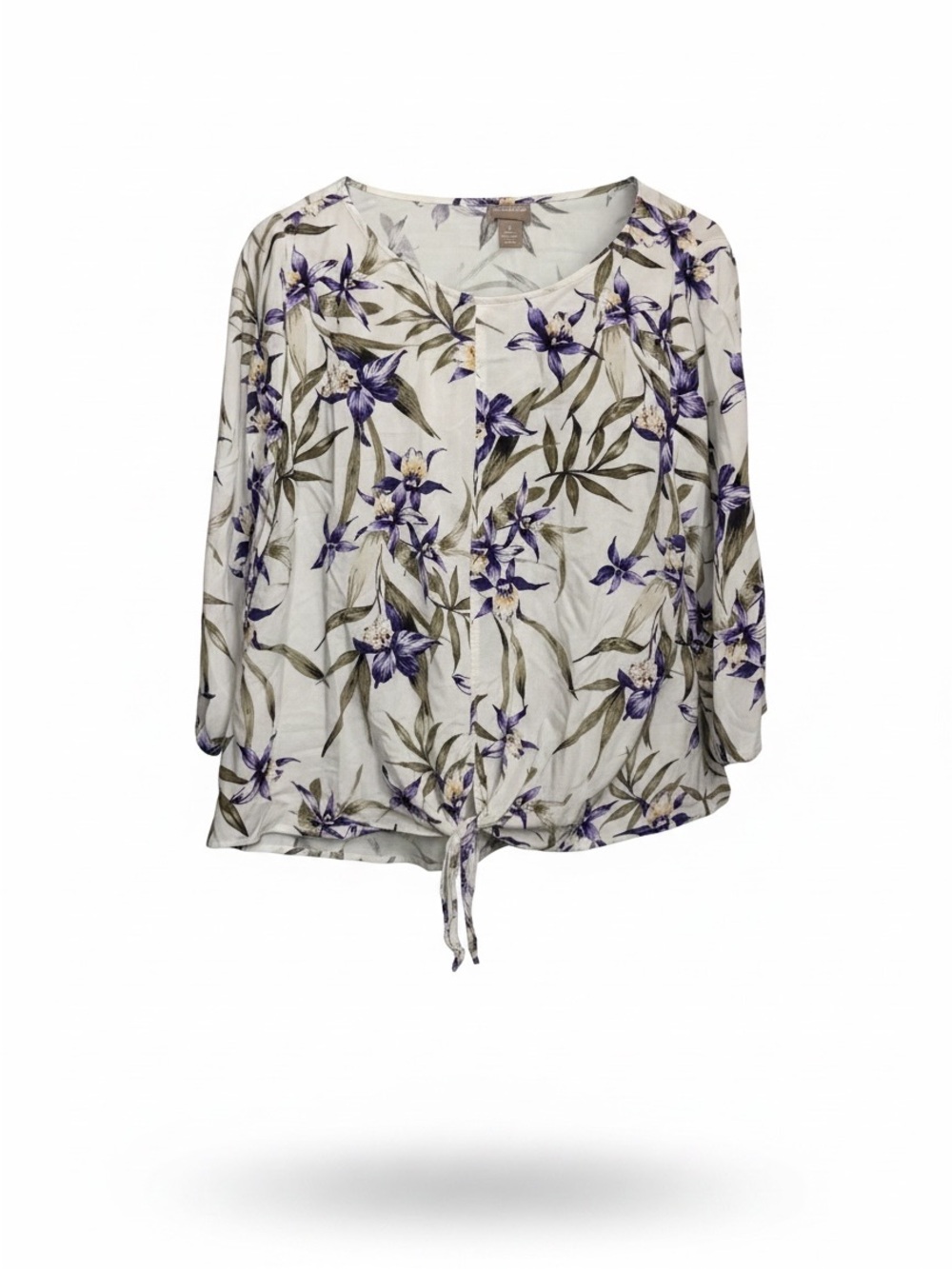 Chicos Floral Tie-Front Women’s Blouse - Cream with Purple Flowers Size 1(S-med)